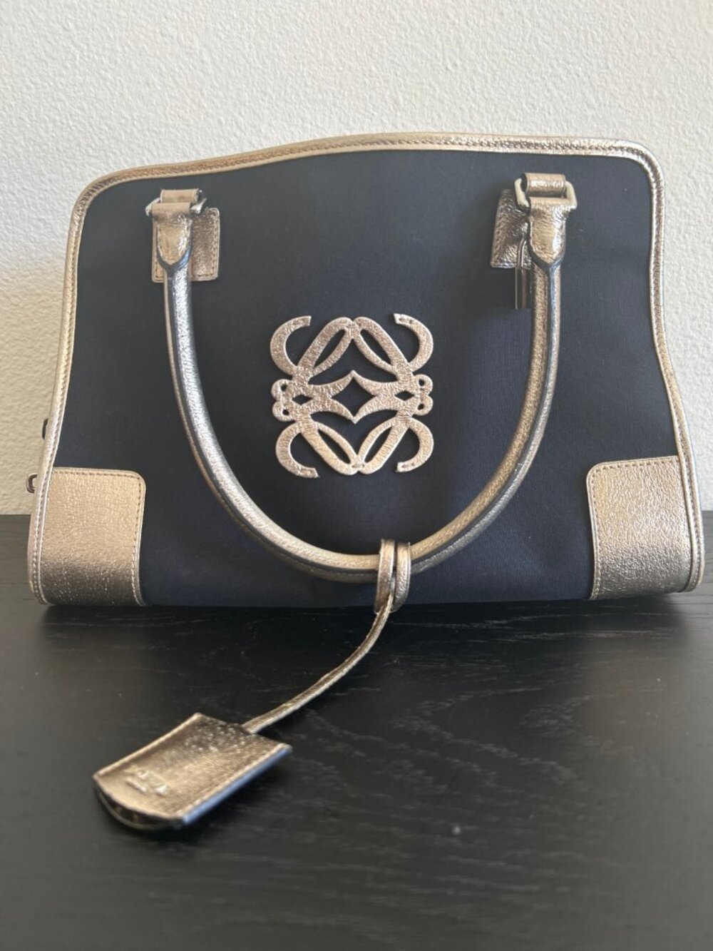 Loewe Amazona 36 Black Canvas Gold Metallic Trim Anagram Top Handle